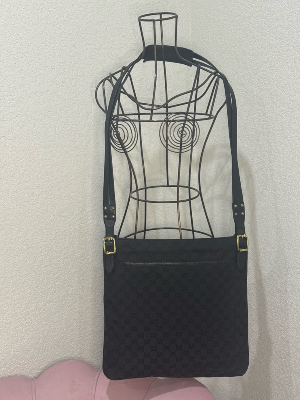 Gucci GG Crossbody Bag Black Canvas Black Leather Trim Gold Hardware Authentic